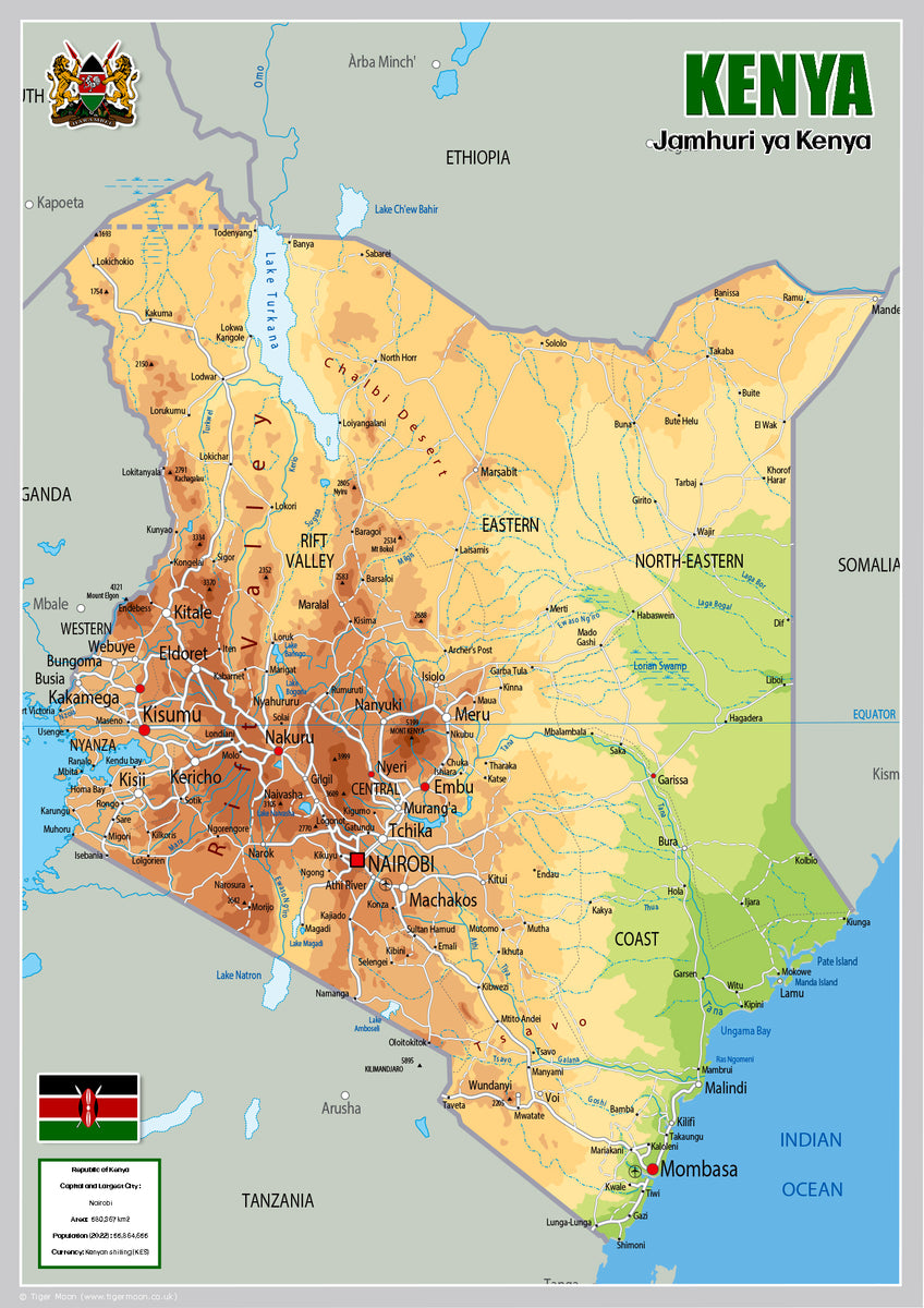 Physical Map of Kenya (OC) Tiger Moon