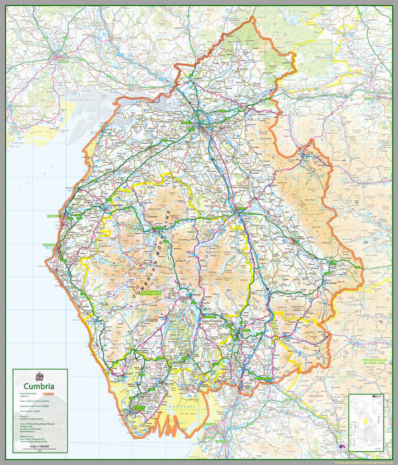 Cumbria, a ceremonial and non-metropolitan county in North West England, UK. It is the third biggest county in the UK. This map covers the city of Carlisle and towns Maryport Workington Whitehaven Penrith Kendal Ulverston Barrow-in-Furness