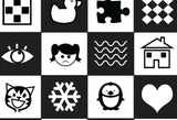 Designed primarily for use with babies for sensory play. This Play Mat features a strong contrast of black and white to stimulate the development of the optic nerves. Learning to focus on these images encourages the eye muscles and brain to coordinate and function.  Size - 85cm x 130cm  Printed onto a high quality, durable vinyl material that rolls away easily for storage purposes.