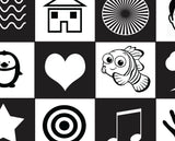 Designed primarily for use with babies for sensory play. This Play Mat features a strong contrast of black and white to stimulate the development of the optic nerves. Learning to focus on these images encourages the eye muscles and brain to coordinate and function.  Size - 85cm x 130cm  Printed onto a high quality, durable vinyl material that rolls away easily for storage purposes.