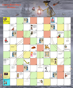 A twist on snakes and ladders, roll the dice and discover the different characters on this pirate fantasy game. This game stirs the imagination of children and encourages numeracy and literacy whilst fun for the whole family.  A pirate themed board game based on the classic snakes and ladders.