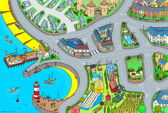 Welcome to the seaside! Children will delight in racing cars around this colourful seaside floor mat. From the beach to the funfair this floor mat will spark conversation and encourages children to recount past holiday experiences. Size - 240cm x 160cm  Printed onto heavy weight vinyl and easily rolled for storage.