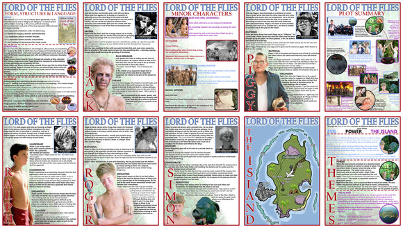 GCSE English posters to support the understanding of Lord of the Flies by William Golding.  This pack includes posters on:      Form Structure and Language     Jack     Minor Characters     Piggy     Plot Summary     Ralph     Roger     Simon     The Island     Themes
