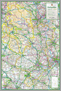 1:100,000 detailed map of Derbyshire, a county in the Midlands of England, UK. This map covers the City of Derby and towns: Chesterfield Dronfield Bolsover Belper Glossop Buxton Ilkeston Long Eaton Matlock Swadlincote and the Boroughs of: High Peak Derbyshire Dales South Derbyshire Erewash Amber Valley North East Derbyshire Chesterfield Bolsover City of Derby