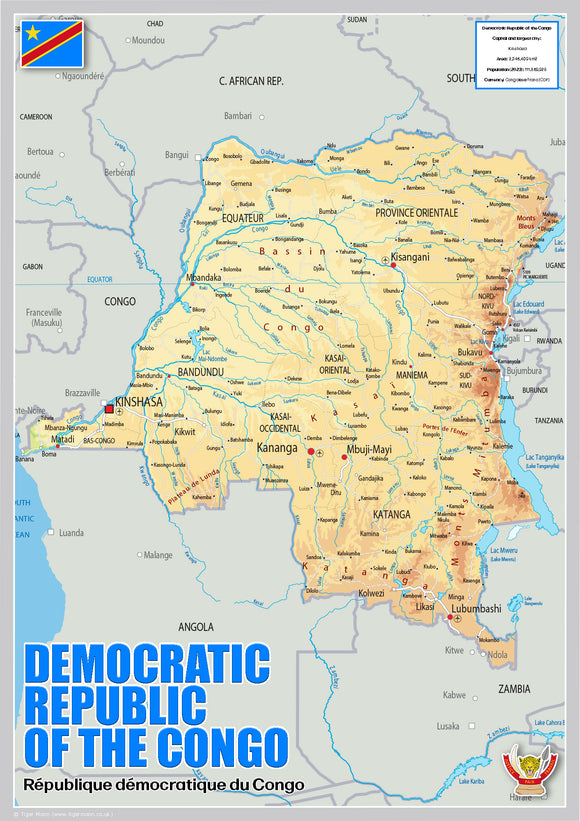 Physical Map of The Democratic Republic of the Congo (OC)