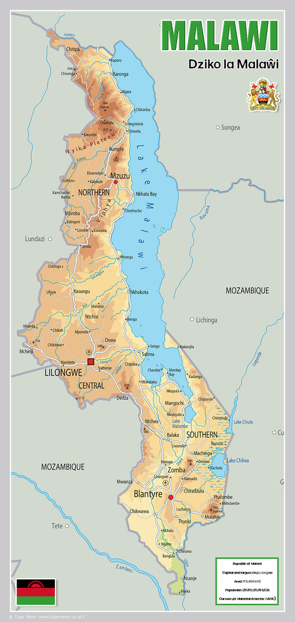 Physical Map of Malawi (OC)