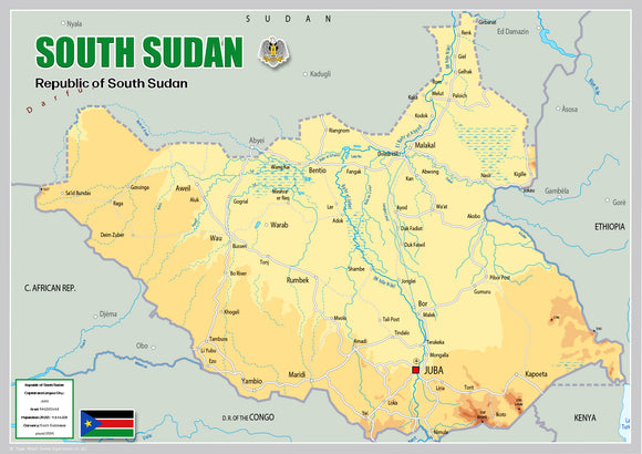 Physical Map of South Sudan (OC)