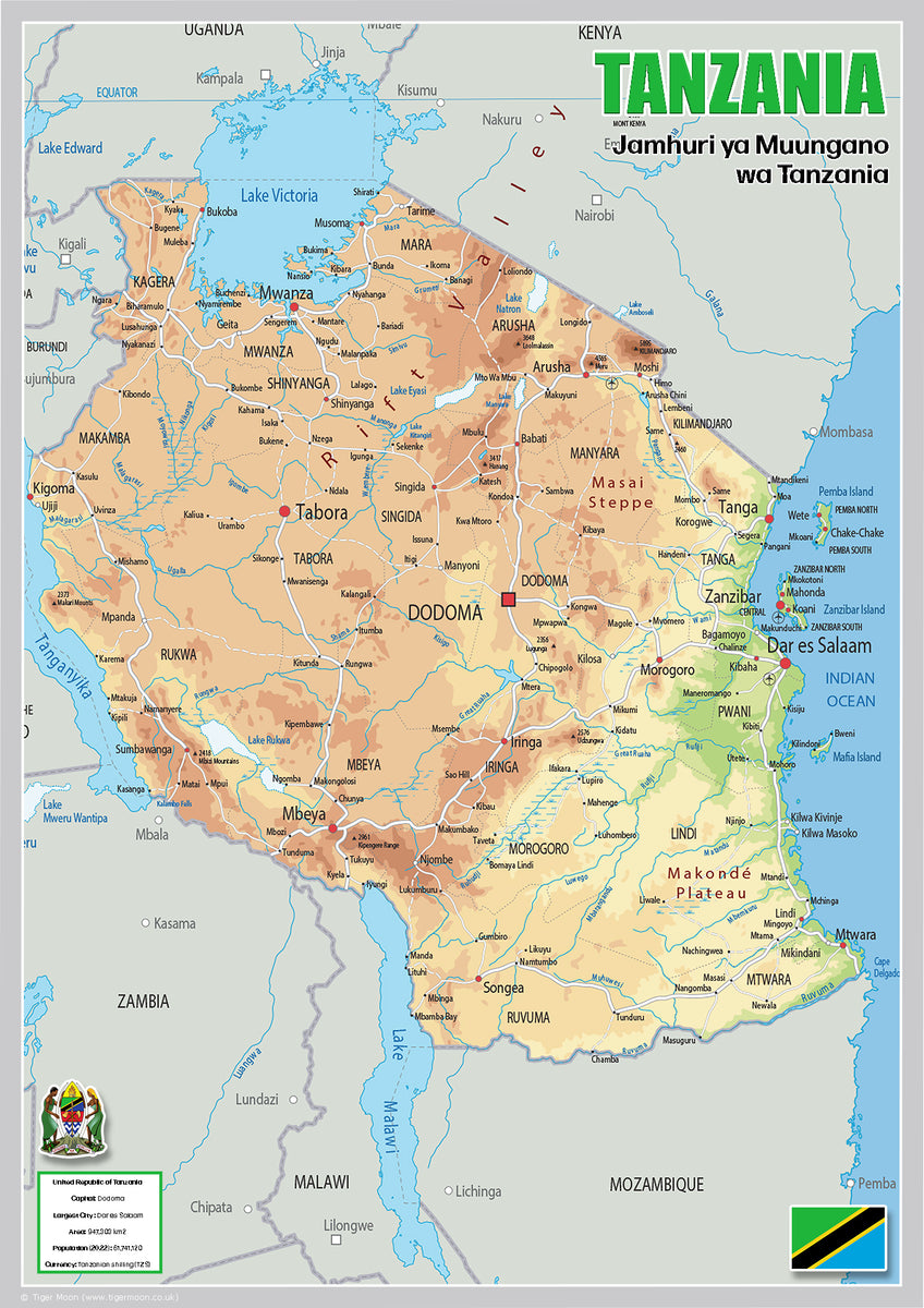 Physical Map Of Tanzania OC Tiger Moon TanzaniaMapWEB 1200x1200