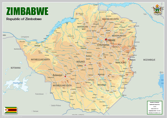 Physical Map of Zimbabwe (OC)