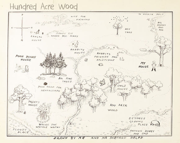 Winnie the Pooh Hundred Acre Wood Map 1926 illustration by E.H. Shepard
