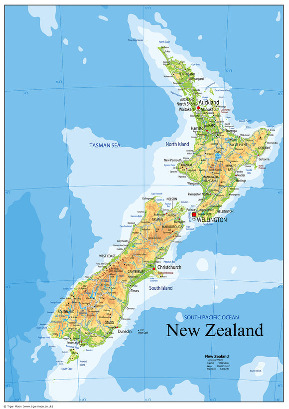 Physical Map of New Zealand (OC)
