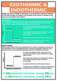 GCSE Science poster to support the study and revision of exothermic & endothermic reactions. Exothermic reactions transfer energy to the surroundings. Endothermic reactions take in energy from the surroundings.