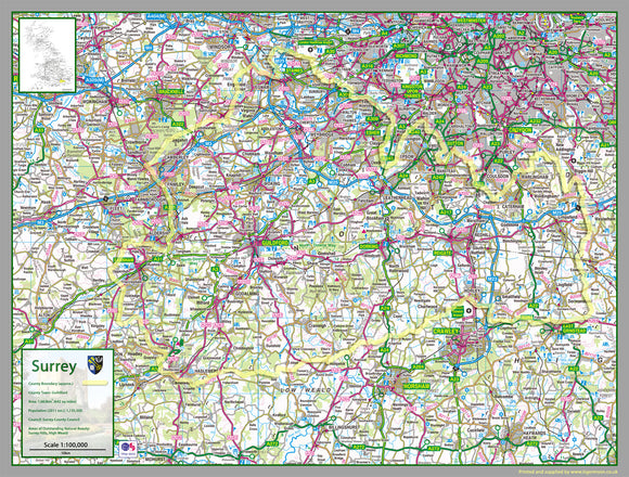  map of Surrey, a county in England, UK.  This map covers the towns:      Ashford     Camberley     Dorking‎     Epsom‎     Farnham‎     Godalming‎     Guildford‎     Haslemere‎     Horley‎     Leatherhead‎     Oxted‎     Reigate‎     Staines-upon-Thames     Sunbury-on-Thames‎     Weybridge     Woking