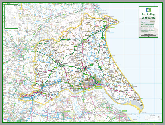 East Riding Of Yorkshire, an area in the North of England, UK. This map covers the towns: Kingston upon Hull Cottingham Willerby Bridlington Flamborough Hornsea Withernsea Aldbrough Hedon Roos Rudston Beverley Bishop Burton Driffield Lockington Goole Brough North Ferriby Hessle Kirk Ella Stamford Bridge Pocklington Market Weighton Holme-on-Spalding-Moor Howden South Cave