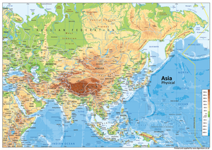 A physical map of Asia covering 1     China 2     India 3     Indonesia 4     Pakistan 5     Bangladesh 6     Japan 7     Philippines 8     Vietnam 9     Turkey 10     Iran 11     Thailand 12     Myanmar 13     South Korea 14     Iraq 15     Afghanistan 16     Saudi Arabia 17     Uzbekistan 18     Malaysia 19     Yemen 20     Nepal