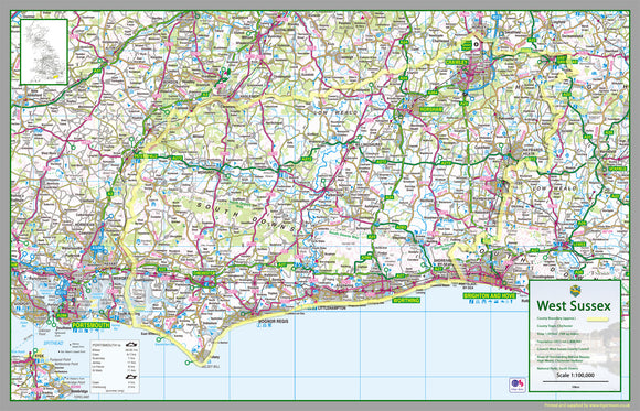 map of West Sussex, England, UK.  This map covers the city of Chichester and the towns      Worthing     Crawley     Bognor Regis     Littlehampton     Shoreham-by-Sea     Horsham     Haywards Heat     Burgess Hill     East Grinstead     Chichester