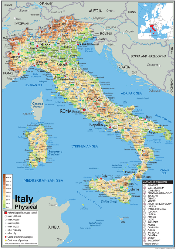 A clear, informative and colourful physical map of Italy. Italy is located in Southern Europe. It contains the enclaved microstates of Vatican City and San Marino. Italy is the third-most populous member state of the European Union with around 60 million inhabitants.
