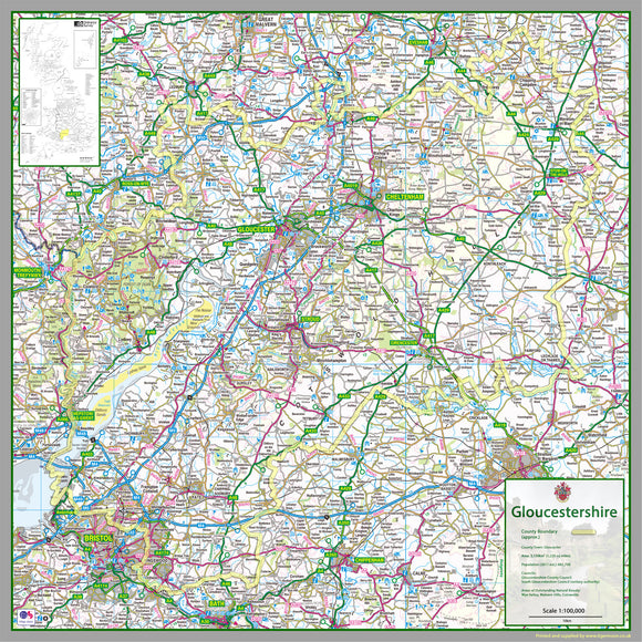 Map of Gloucestershire, a county in England, UK. This map covers the city of Gloucester and the towns:  Cheltenham, Kingswood,Filton, Stroud, Yate, Tewkesbury & Cirencester.