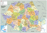 A political map of Romania, the twelfth-largest country in Europe and the sixth-most populous EU member state. Its capital and largest city is Bucharest. Other major urban areas include Cluj-Napoca, Timișoara, Iași, Constanța, Craiova, Brașov, and Galați. Notable landmarks include the River Danube and the Carpathian Mountains.