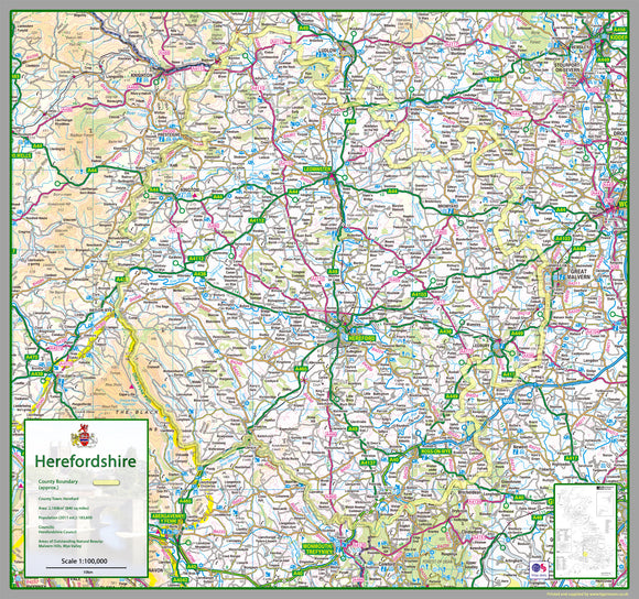 map of Herefordshire, a county in England, UK.  This map covers the cathedral city of Hereford and:      Bromyard‎     Kington     Ledury‎     Leominster     Ross-on-Wye‎