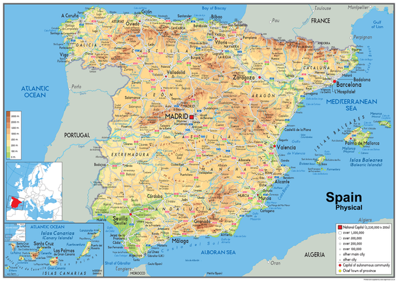 A map of Spain showing physical features. A fantastic resource for the classroom or home, which is perfect for geographical studies.  Fun Fact: The highest Spanish mountain is not technically in Spain!  Mount Teide (3718 meters) is in the Canary Islands and is an active volcano. As a consequence of its eruptions, the beaches of the island of Tenerife are of black sand instead of white.