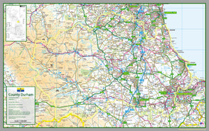 map of County Durham, a county in the North of England, UK. This map covers the cathedral city of Durham, the city of Sunderland and towns: Durham Peterlee Newton Aycliffe Darlington Hartlepool Stockton-on-Tees Gateshead Jarrow South Shields