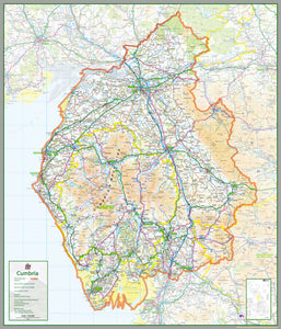 Cumbria, a ceremonial and non-metropolitan county in North West England, UK. It is the third biggest county in the UK. This map covers the city of Carlisle and towns Maryport Workington Whitehaven Penrith Kendal Ulverston Barrow-in-Furness