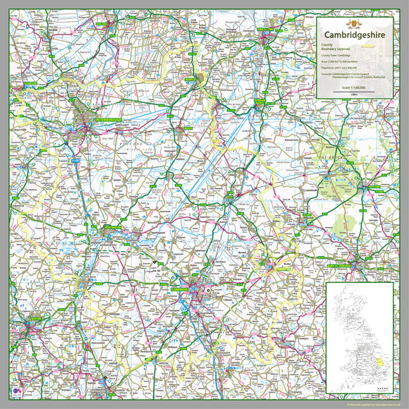 1:100,000 detailed map of Cambridgeshire, a county in the East of England, UK. This map covers the City of Cambridge and towns Burwell Cambridge Chatteris Cottenham Ely Godmanchester Huntingdon Littleport March Peterborough Ramsey Sawston Sawtry Soham St Ives St Neots Wisbech Whittlesey Yaxley
