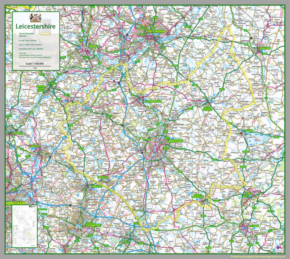 1:100,000 detailed map of Leicestershire, a county in the Midlands of England, UK. This map covers the City of Leicester and towns: Loughborough Hinckley Melton Mowbray Market Harborough