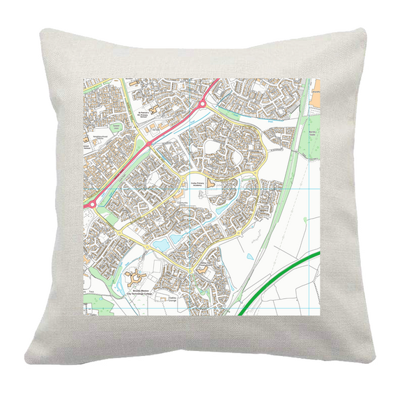 This is a personalised cushion covered centred on a postcode of your choice. The area the map covers is roughly 2k x 2k. The cushion is size 40 x 40 cm.  The map can be centred on a postcode or area of your choice. You might choose the location of a birthplace, marriage venue or current home as a thoughtful and historically interesting gift.