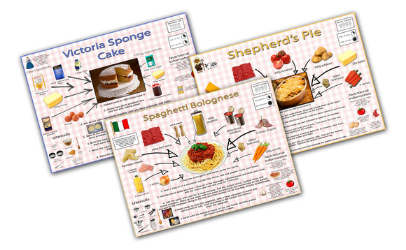 Simple Recipes For Children Poster Set - Shepherd's Pie, Spaghetti Bolognese. Victoria Sponge