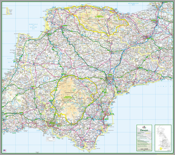 map of Devon, a county in the South of England, UK containing Dartmoor and Exmoor National Parks.  This map covers the towns      Dawlish     Exmouth     Sidmouth     Ilfracombe     Lynmouth     Torquay     Paignton     Brixham     Barnstaple     Bideford     Honiton     Newton Abbot     Okehampton     Tavistock     Totnes     Tiverton