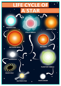GCSE Science poster to support the study and revision of the life cycle of a star. This poster shows the many steps involved in a stars evolution, from its formation in a nebula, to its death as a white dwarf or neutron star. A nebula is a cloud of gas (hydrogen) and dust in space.