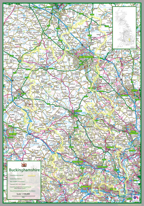 map of Buckinghamshire, a ceremonial county in England, UK.  This map covers the towns      Milton Keynes     Buckingham     High Wycombe     Amersham     Aylesbury     Chesham     Chalfonts     Aylesbury     Marlow     Princes Risborough     Olney     Towcester     Newport Pagnall