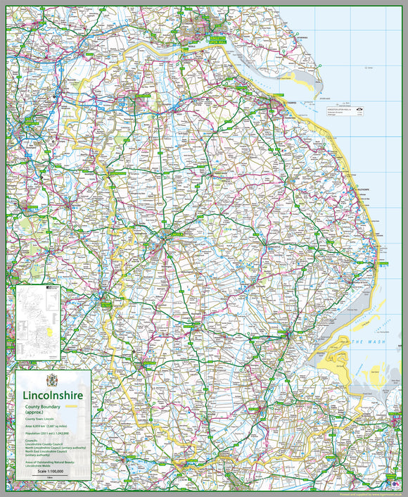 1:100,000 detailed map of Lincolnshire, a county in the Midlands of England, UK. This map covers the City of Lincoln and towns: Grimsby Scunthorpe Grantham Boston Cleethorpes Spalding Skegness Gainsborough Stamford and the Boroughs of: Boston Borough East Lindsey City of Lincoln North Kesteven South Kesteven South Holland West Lindsey