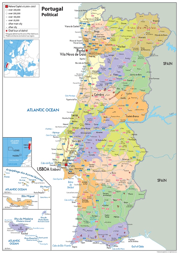 A political map of Portugal, a country located in south-western Europe. The capital is Lisbon. Other cities include:  Porto, Vila Nova de Gaia, Braga, Amadora, Queluz, Funchal, Coimbra, Setúbal, Agualva-Cacém, Almada, Rio Tinto, Aveiro, Viseu, Odivelas, Leiria, Guimarães, Barreiro, Évora, Faro, Portimão and Ponta Delgada.