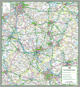1:100,000 detailed map of Northamptonshire, in England, UK. This map covers the County Town of Northampton and towns: Kettering Corby Wellingborough Rushden Daventry and the districts: South Northamptonshire Northampton Daventry Wellingborough Kettering Corby East Northamptonshire