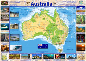 This map shows the physical aspects of the Australia and features photos of popular locations. This map is ideal for anyone interested in the Australia and is perfect for studying.  Situated in Oceania, Australia is the smallest of the seven traditional continents.  The continent includes:  Australia Tasmania New Guinea, consisting of Papua New Guinea and Western New Guinea