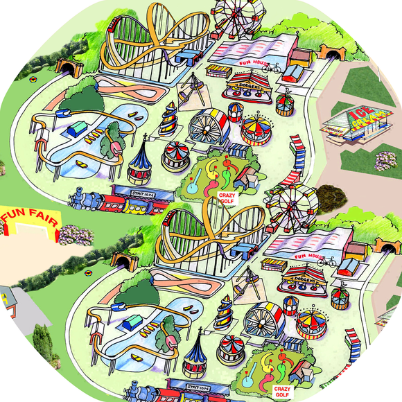 This Fairground mat is ideal for use with a Tuff Tray. It features roller coasters, a boating lake and crazy golf. All the fun of the fair and perfect for individual or small group play.  Printed onto a high quality, durable vinyl material.  86cm x 86cm (approx )  Designed to fit in the mini Tuff Tray or the Tuff Spot.