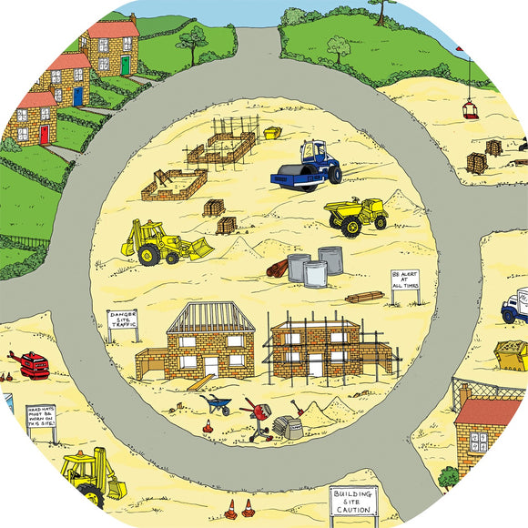 This Building Site Tuff Tray Mat is ideal for use with a Tuff Tray. See the stages of house building and add your own diggers, gravel and sand for imaginative play.  Printed onto a high quality, durable vinyl material.  86cm x 86cm (approx )  Designed to fit in the Mini Tuff Tray or the Tuff Spot.