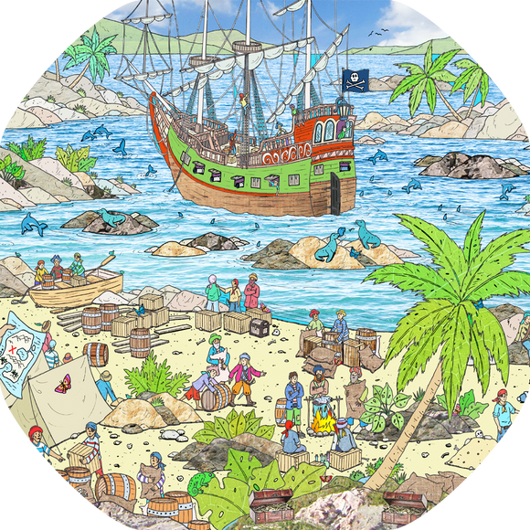 The Pirate Island tuff tray mat features pirates, treasure and sealife in a busy coastal cove Perfect for individual or small group imaginative play. Designed to fit in the Tuff Tray or the Tuff Spot.