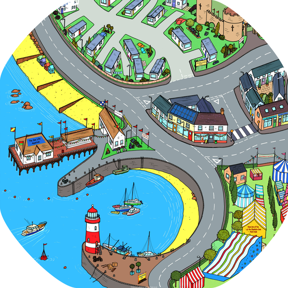 The Charlotte's Cove mat is ideal for use with a Tuff Tray. Explore the castle, the pier, the funfair and the lighthouse. Drive toys cars around to see the sites and take toy people to the beach.  Printed onto a high quality, durable vinyl material.  86cm x 86cm (approx )  Designed to fit in the Mini Tuff Tray or the Tuff Spot.