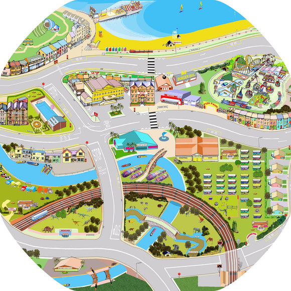 The Bramble on Sea mat is ideal for use with a Tuff Tray and is a busy seaside village with amenities connected by roads to drive toy vehicles along.  Printed onto a high quality, durable vinyl material.  86cm x 86cm (approx )  Designed to fit in the Mini Tuff Tray or the Tuff Spot.