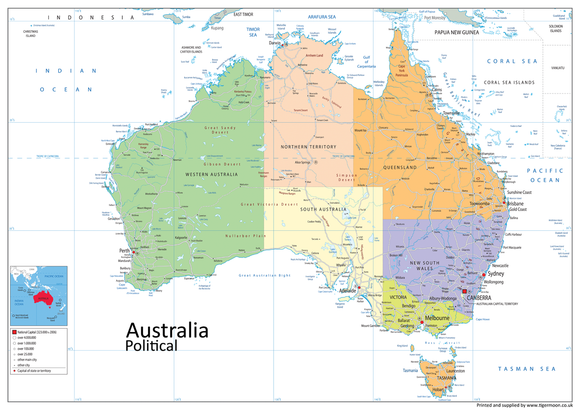 Political map of Australia. Situated in Oceania, Australia is the smallest of the seven traditional continents.  The continent includes:  Australia Tasmania New Guinea, consisting of Papua New Guinea and Western New Guinea  Large settlements are:  Melbourne Sydney Brisbane Perth Adelaide Canberra Hobart Darwin