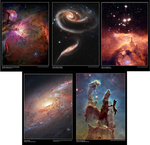 Hubble Telescope Space Posters Set of 5. This pack contains the posters:      Hubble's sharpest view of the orion nebula     A rose made of galaxies     Star on a hubble diet     Galaxy M106     Pillars of creation