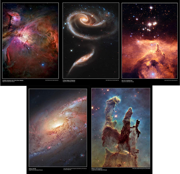 Hubble Telescope Space Posters Set of 5. This pack contains the posters:      Hubble's sharpest view of the orion nebula     A rose made of galaxies     Star on a hubble diet     Galaxy M106     Pillars of creation