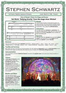 GCSE Music poster to support the study and revision of Stephen Schwartz, part of the edexel GCSE music syllabus.