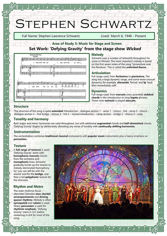 GCSE Music poster to support the study and revision of Stephen Schwartz, part of the edexel GCSE music syllabus.