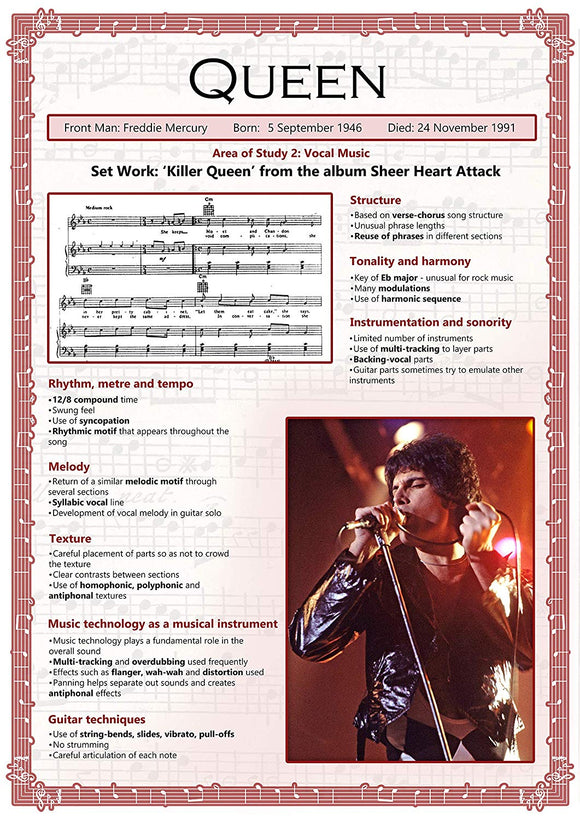 GCSE Music poster to support the study and revision of Queen, part of the edexel GCSE music syllabus.