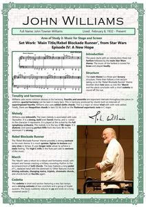 GCSE Music poster to support the study and revision of John Williams, part of the edexel GCSE music syllabus.